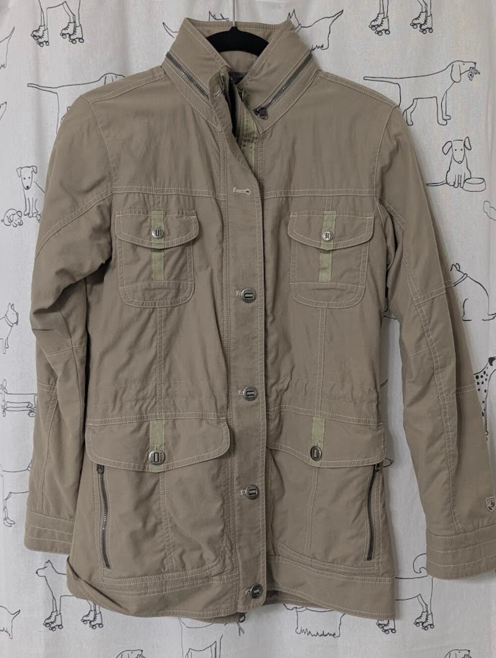 Kuhl Womens Rekon Lined Utility Jacket Khaki Tan Hidden Hood Outdoor Hiking XS